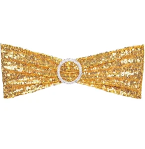 Sparkly Gold Sequin Chair Sashes Elastic Stretchy Plain Design 100% Polyester Reusable Outdoor Wedding Banquet