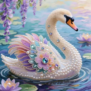 Special Shaped Square Handpainted Pearl Painting White Swan Swimming Wisteria Floral Background Scene Wall Art DIY Kit 1 Piece