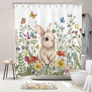 Spring Flower Shower Curtain Set 72×72 Inches Cute Rabbit Wildflower Butterfly Mushroom Design Includes Bath Mat Toilet Lid