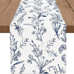 Spring Navy Blue Floral Table Runner 100% Organic Jute Table Mats Set Dinner Table Center Decor Runner