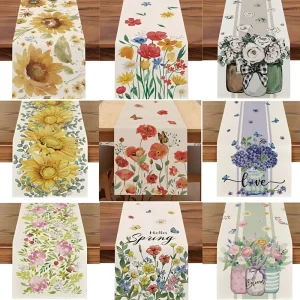 Spring Plants Flowers Leaves Cotton Polyester Table Runners Table Cloth Customized