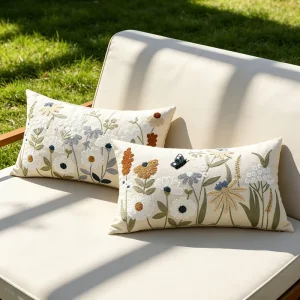 Spring Summer Floral Embroidered Cushion Cover Modern Minimalist Style Cotton Linen Sofa Pillow Case Elegant Throw Pillow Cover