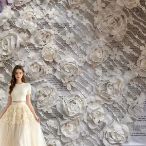 Spring/Summer New Elastic Lace Woven Three-dimensional Crocheted Rose Embroidery Fabric Ribbon-trimmed 100% Polyester Women’s