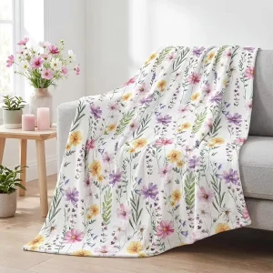 Spring Summer Watercolor Wild Flower Print Flannel Blanket Super Soft Plush Cozy Light Throw Sofa Bed Gift Kids Adults Personal