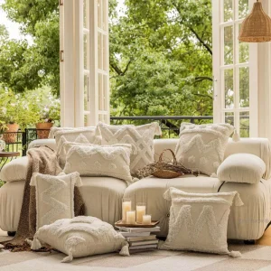 Square Boho Floral Geometric Pattern Tufted Polyester Cotton Pillow and Cushion Case Cover for Home Hotel and Outdoor Use
