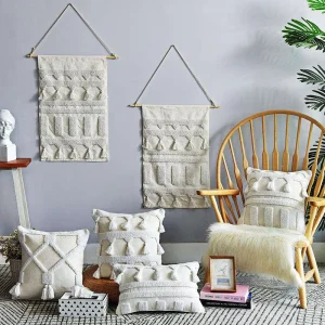 Square Boho White Cushion Cover Geometric Dot Tufted Woven Tassels Soft Throw Pillow Case for Home Hotel