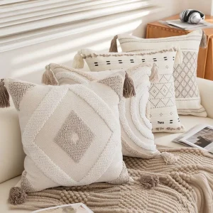 Square Cotton linen Bohemian Embroidered Tassel Throw Pillow Sofa Living Room Back Bedside Striped Geometric Cushion Cover