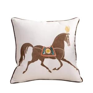 Square Luxury Hand Embroidered Cotton Linen Geometric Animal Home Sofa Hotel Decoration Cushion Cover Orange Horse Embroidery