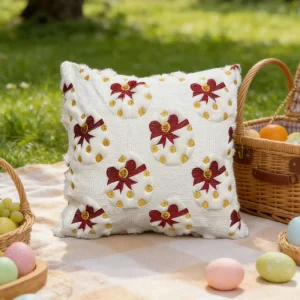 Square Plush Easter Egg Throw Pillow Cover Quilted Embroidered 3D Bow Cushion for Sofa Decor and Back Support