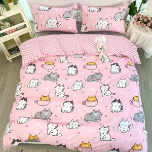 Starry Duvet Cover Set Cat Pattern Embroidery Chinese Style Comforter 4 Pieces Bedding Set Zipper Closure for Kids Adults