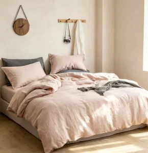 Stonewashed 100% Linen Bedding Set With Two Tone Contrast Pillowcases Solid Color Linen Bed Sheet Set
