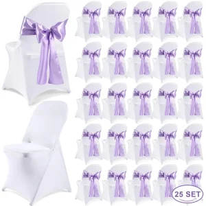 Stretch Spandex Folding Chair Cover and Satin Chair Sashes Bows Chair Slipcoversfor Wedding Banquet Event White Lavender