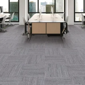Strip Modular Carpet Tiles Fireproof Sound Absorbing Square Floor Carpet for Modern Office Grey Tone Base With Color Thin Lines