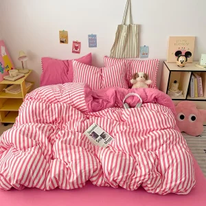 Stripe 4 Piece Bed Sheet Set Soft Breathable Printed Bedding With Pillowcases for Home Hotel Bedroom