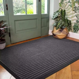 Stripe Grey Welcome Pattern Floor Mat for Home Office Outdoor Easy Clean Non Slip Entrance Door Mat Low Profile Front Door Mats