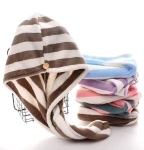 Stripe Microfiber Hair Towel Wrap Rapid Drying Towel Hair Turban Towel with Buttons