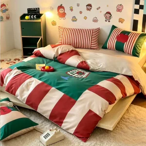 Striped Cartoon Embroidery Children’s Hotel 60 Count Pure Cotton Long Staple Cotton Four Piece Set All Cotton Bedding