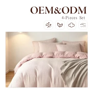 Striped Comforter Set Queen Size Pink & White Jacquard 100% Cotton 4 Piece Bedding Set 200TC All-Season Breathable Durable