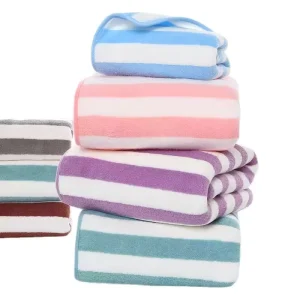 Striped Solid Pattern Coral Fleece Towel Set Ultra Soft Absorbent Business Gift for Corporate Hotel