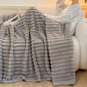 Striped Waterproof Rabbit Faux Fur Blanket Super Soft Fuzzy&Warm Decorative for Sofa Bed Office Great for Winter Spring Bedding