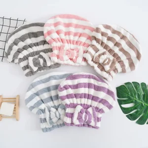 Striped Woven Microfiber Quick Dry Antimicrobial Eco Friendly Adult Long Short Curly Hair Drying Towel Turban Bath Shower Cap