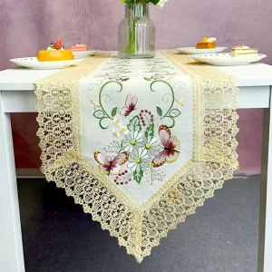 Stylish Durable Practical Simple Warm Polyester Linen Fabric Embroidered Floral Decorative Lace Table Runner