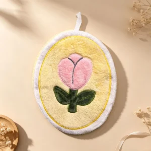 Stylish Floral Embroidered Coral Fleece Hanging Hand Towel Soft Thick Highly Absorbent for Kitchen Bathroom