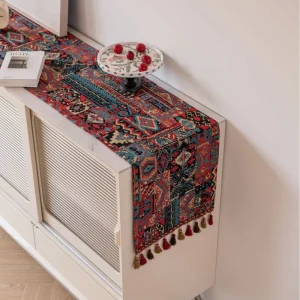 Summer Anne’s Factory Direct Supply Jacquard Red Festival Geometric Table Runner