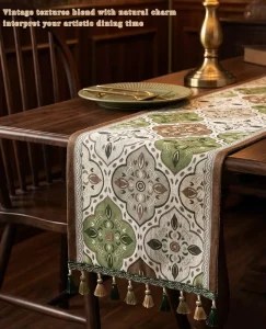 Summer Anne’s Medieval Style Jacquard Green Pastoral Tassel Table Runner