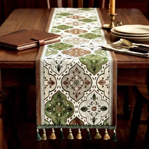 Summer Anne’s Medieval Style Jacquard Green Pastoral Tassel Table Runner