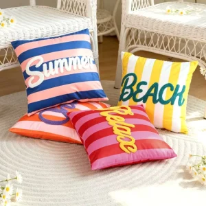 Summer Beach Striped Throw Pillow Covers 18×18 Inch Towel Embroidery Words Cushion Cover Colorful Stripe Decorative Pillowcase