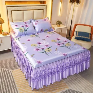 Summer Bed Skirt Style Ice Silk Mat Three piece Set Folding Soft and Cool Silk Mat