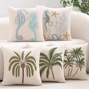 Summer Embroidered Throw Pillow Covers Green Tropical Palm Tree Pillow Cover Spring Pillowcase Canvas Square Cushion Covers