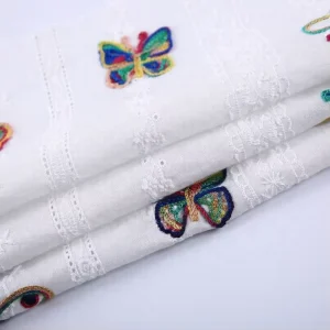 Summer Fashion Garment Cloth Material White Plain Woven butterfly Embroidery Fabric in Cotton for Shirt