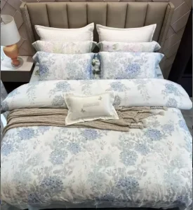 Summer Fresh Blue Florals 4 Piece Duvet Cover Set with Ainen Fiber Cotton Anti Bacteria Folded Skin Friendly for Home Hotel Use