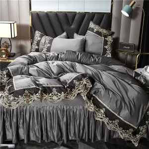 Summer Jacquard Lace Skirt Solid Color Double Sided 4 piece Set Embroidered Polyester Bedding Set
