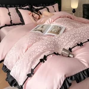 Summer Luxury Washed Ice Silk Jacquard Leopard Print 4pcs Bedding Set King Size Romantic Lace Trim Skin Friendly Duvet Cover