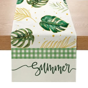 Summer Palm Leaves Tropical Greenery Linen Table Runners Spring Seasonal Home Kitchen Dining Table Decor Outdoor Party Decor