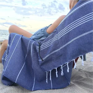Summer Turkish Solid Color Tassel Cotton Eco friendly Rectangle Beach Towels Hidden Zipper Pocket Outdoor