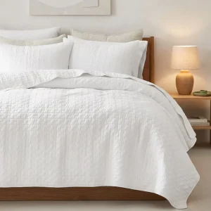Summer White Quilt Set Cotton Luxury Queen Quilt Set Modern All Season Queen Soft Quilt Stone Washed 3PCS Set