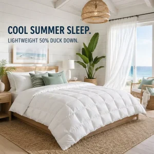 Summer lightweight 50% white duck down comforter box stitched cotton downproof breathable ultra soft OEM