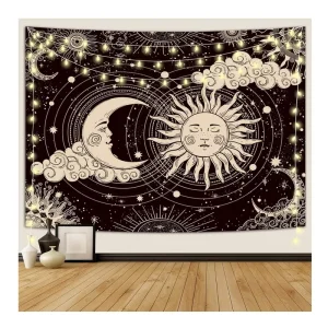 Sun and Moon Aesthetic Black Dark Spirit Tapestry Banner Mysterious Burning Sun and Cloud Star Wall Hanging Decoration Bedroom