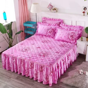 Sunny Textile Autumn Winter Quilted Cotton Bed Skirt Princess Style Lace Thickened Non slip Bedspread