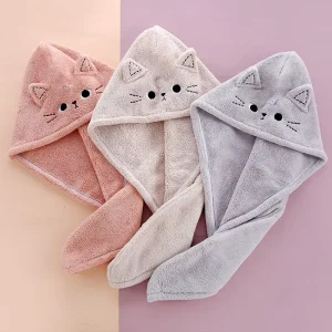 Super Absorbent Cartoon Cat Hair Dry Hat for Women Triangle Hair Drying Towel With Button