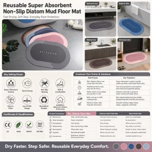 Super Absorbent Diatom Mud Floor Mat Reusable Bathroom Rug Non slip Water Absorbing Mat