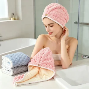 Super Absorbent Microfiber Hair Drying Cap Quick Dry Turban Hair Towels Wrap for Women with Button Bath Shower Head Wrap