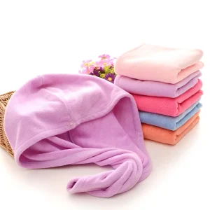 Super Absorbent Microfiber Hair Salon Turban Towel with Button Coral Fleece Hair Drying Wrap Towel