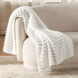 Super Soft Cozy Raschel Fleece Throw Blanket White Solid Pattern for Women Winter Bed or Couch Cover