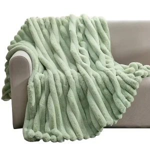 Super Soft Fashionable Cozy Plush Home Textile Fabric Knitted Jacquard Stripe Ribbed Faux Rabbit Fur Throw Blanket