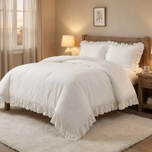 Super Soft White Comforter Set Quilted Polyester Ruffled 3 Piece Set with Pillow Shams